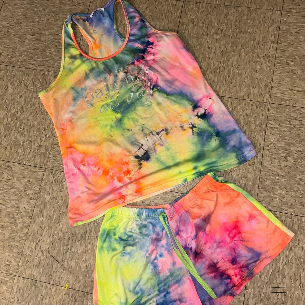 Pajama XL Neon Rainbow Tie-Dye Tank & Shorts Set